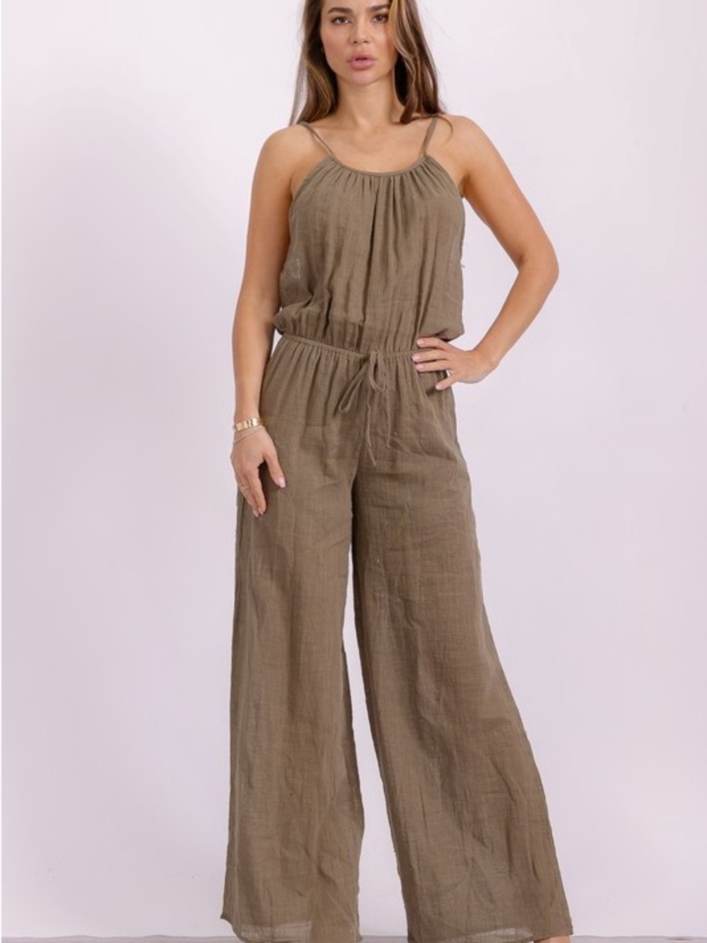 NWT 100% Cotton Olive Wide-Leg Spaghetti Strap Jumpsuit